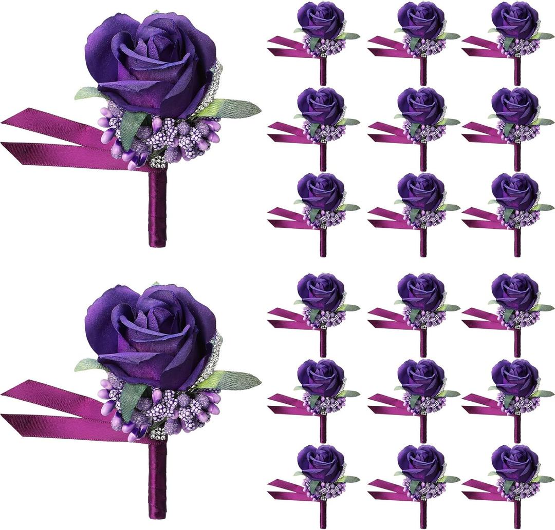 Geosar 20 Pcs Wedding Boutonniere for Men Purple Rose Boutonnieres with Pin Groom Groomsmen Buttonholes Man Suit Corsage for Vintage Wedding Ceremony Anniversary Dinner