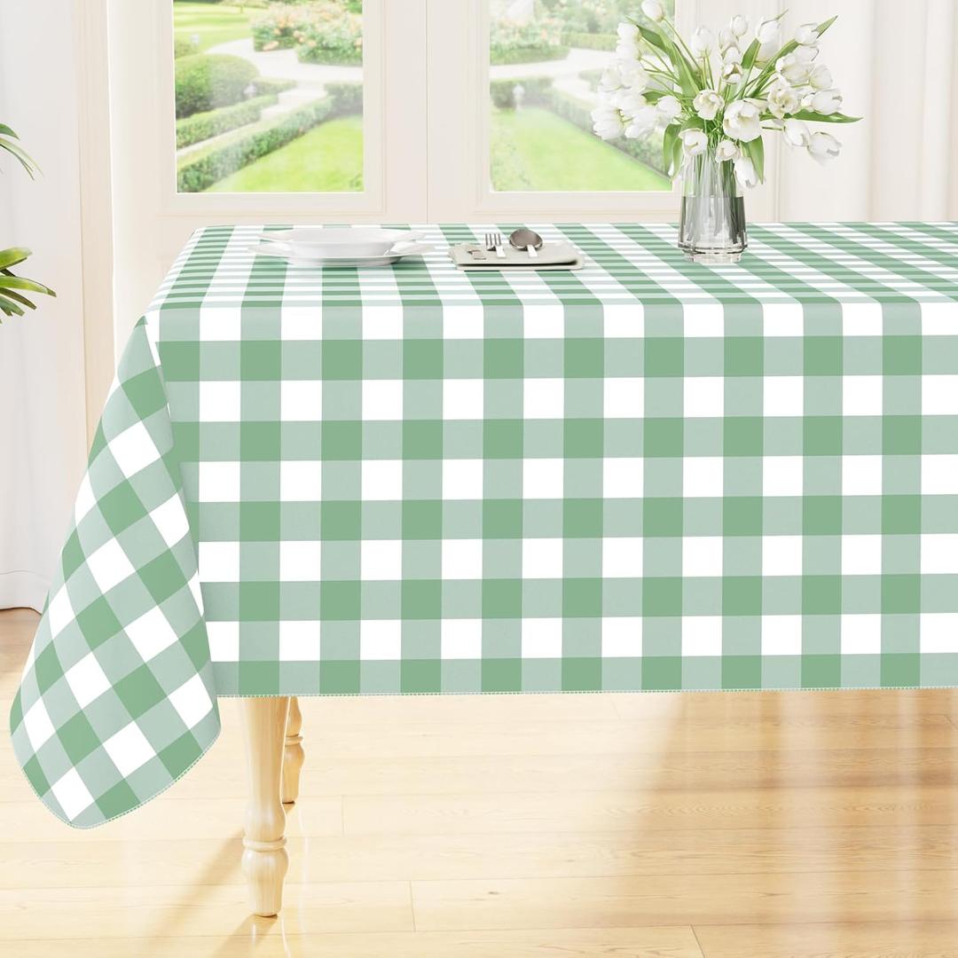 Smiry Rectangle Table Cloth, Waterproof Vinyl Tablecloth with Flannel Backing, Wipeable Buffalo Plaid Table Cover for Indoor and Outdoor (Sage Green & White, 52"x70")