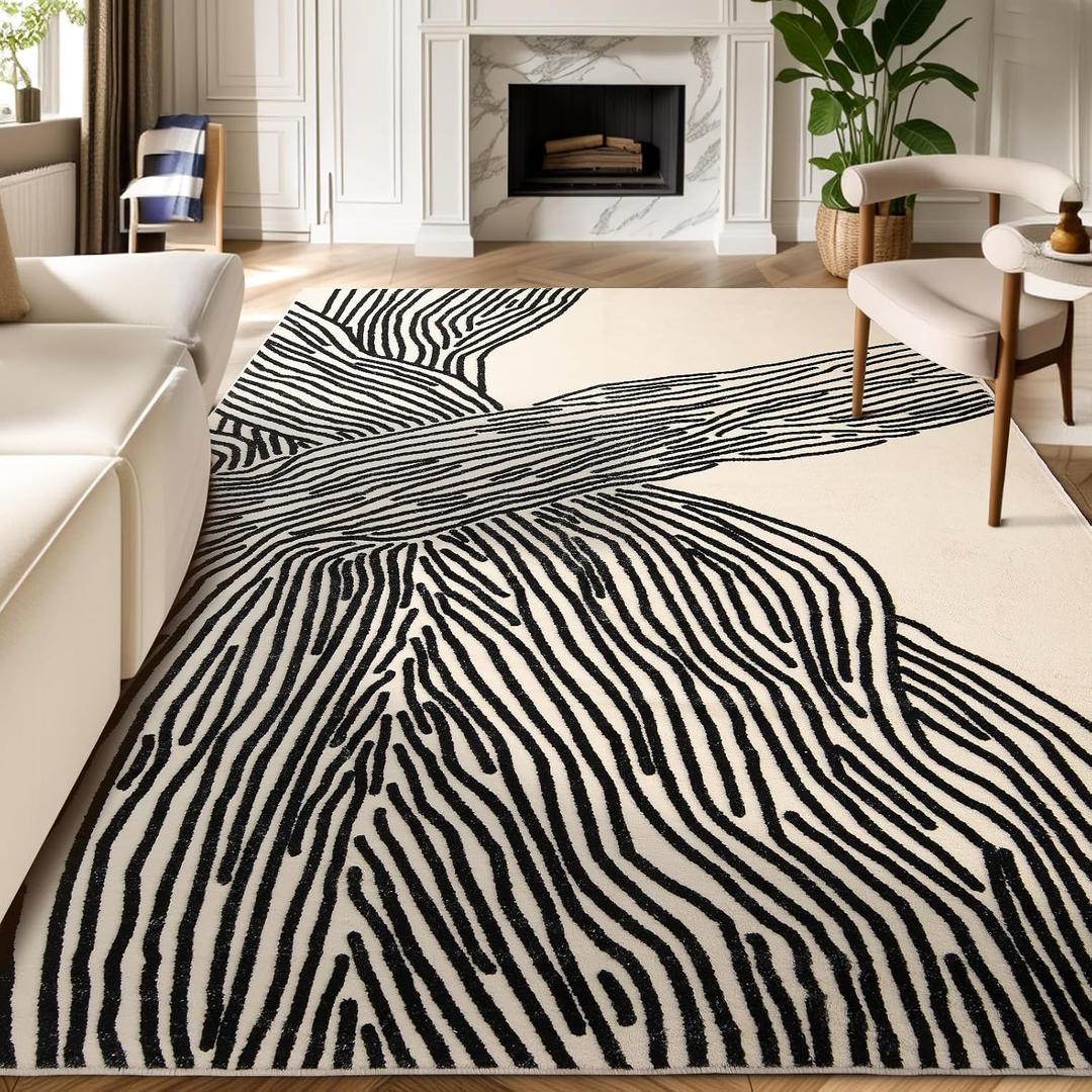 YIHOUSE 69 Ft Area Rugs Non-Shedding Washable Rug, Bedroom Living Room Dining Room Office Playroom Nursery, Nonslip Modern Large Rugs Soft Abstract Contemporary Striped Rugs-Black and White Rug (6' x 9', Modern Lines Beige)