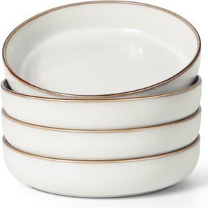 Herogo Stoneware Pasta Bowls Set of 4, 37 Ounce Large Wide Shallow Plates and Stackable Serving Bowls Sets for Salad Soup Cereal, Microwave & Dishwasher Safe, Ivory White