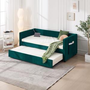 KEIKI Twin Size Upholstered Daybed with Trundle, Velvet Sofa Bed with USB Port & Side Pockets, Modern V-Grained Backrest Guest Bed, No Box Spring Needed, for Bedroom & Living Room, Emerald