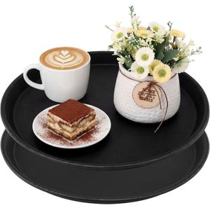2 Pcs Black Restaurant Serving Trays Bulk Plastic Non Slip Surface Round Drink Tray with Raised Edges for Food Meals Drink Bar Kitchen Hotel Cocktail Party (16 Inch)