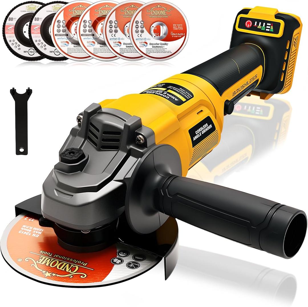 Brushless Angle Grinder for De-walt 20V Battery, 4-1/2" Cordless Grinder Tool with 6 Variable Speed(Max 8500RPM), Auxiliary Handle, Power Angle Grinders for Cutting, Griding and Polishing(No Battery)