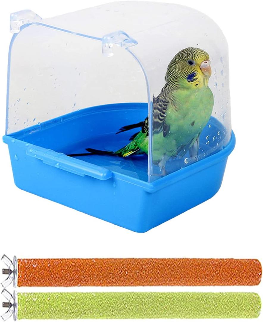PINVNBY Parrot Bath Box Bird Bathtub Parakeet Bathing Tube with Bird Perches Stand Paw Grinding Cage Accessories Ideal for Small Birds Lovebirds Canary Finches(3 PCS Random Color)