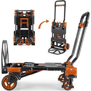 330LB Folding Hand Truck Heavy Duty Carrying, Combination of Four Wheels and Two Wheels Convertible Dolly Cart with Retractable Handle Dolly for Moving Office Carts(Orange)