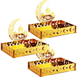 3 Sets Ramadan Serving Tray Gold Eid Mubarak Holder Al-fitr Home Decoration for Moon Star Tray Gold Container for Home Islamic Muslim Party Tableware Kitchen Dessert Food Storage(Classic)