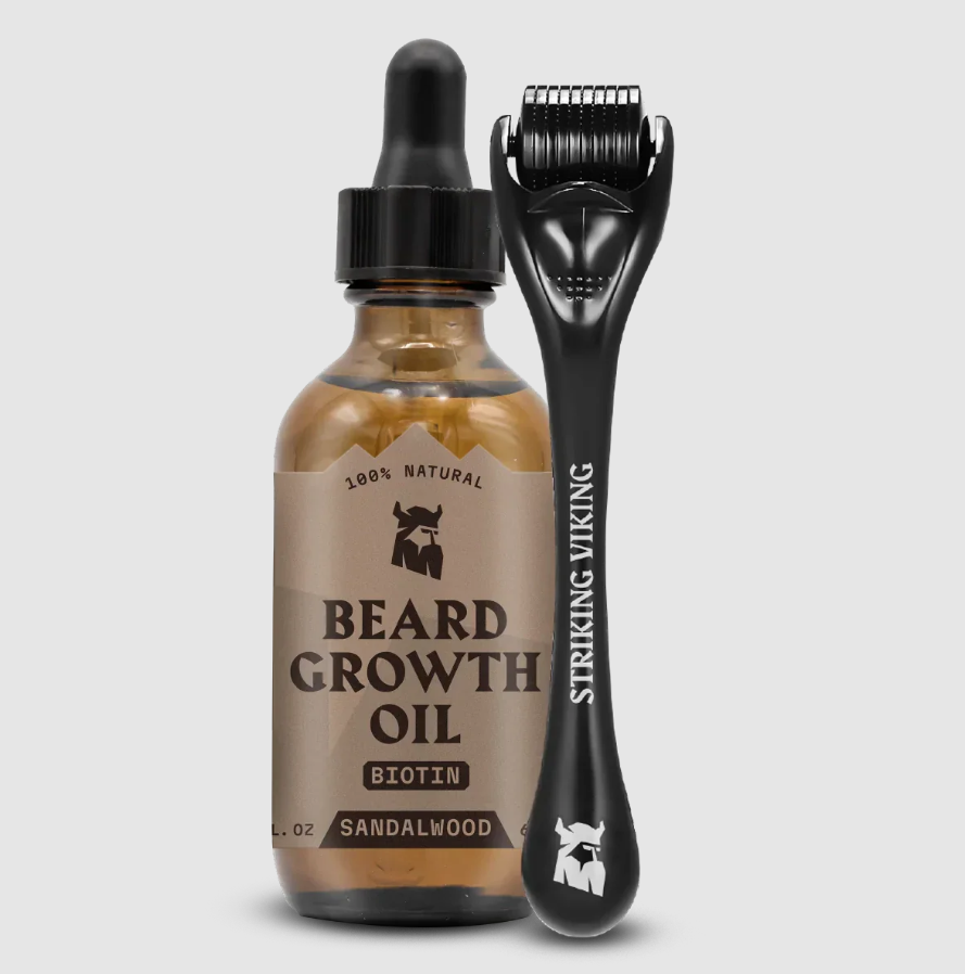 Striking Viking Beard Growth Kit for Men - Sandalwood Scent - 1 Fl Oz of Thickening & Conditioning Biotin Beard Growth Oil & 1 Applicator - Naturally Derived Growth Serum with Argan & Jojoba Oil