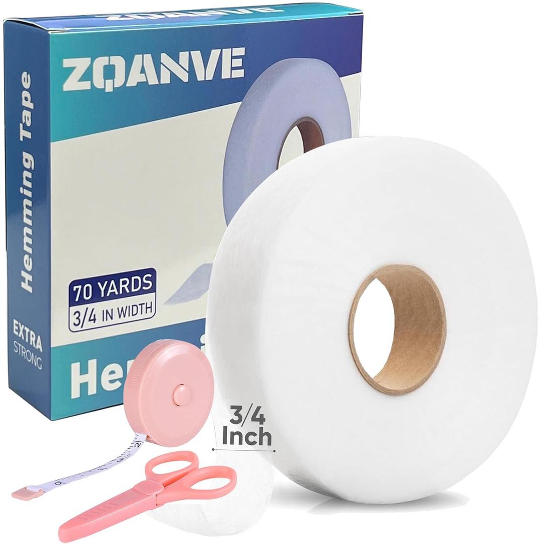 Hem Tape 3/4 INCH x 70 Yards No Sew Iron-On Fusible Interfacing Hemming Fabric Tape Adhesive with Scissors&Tape Measure for Clothes Pants Dress Curtains DIY Kit Gift Stocking Stuffers for Women(White)