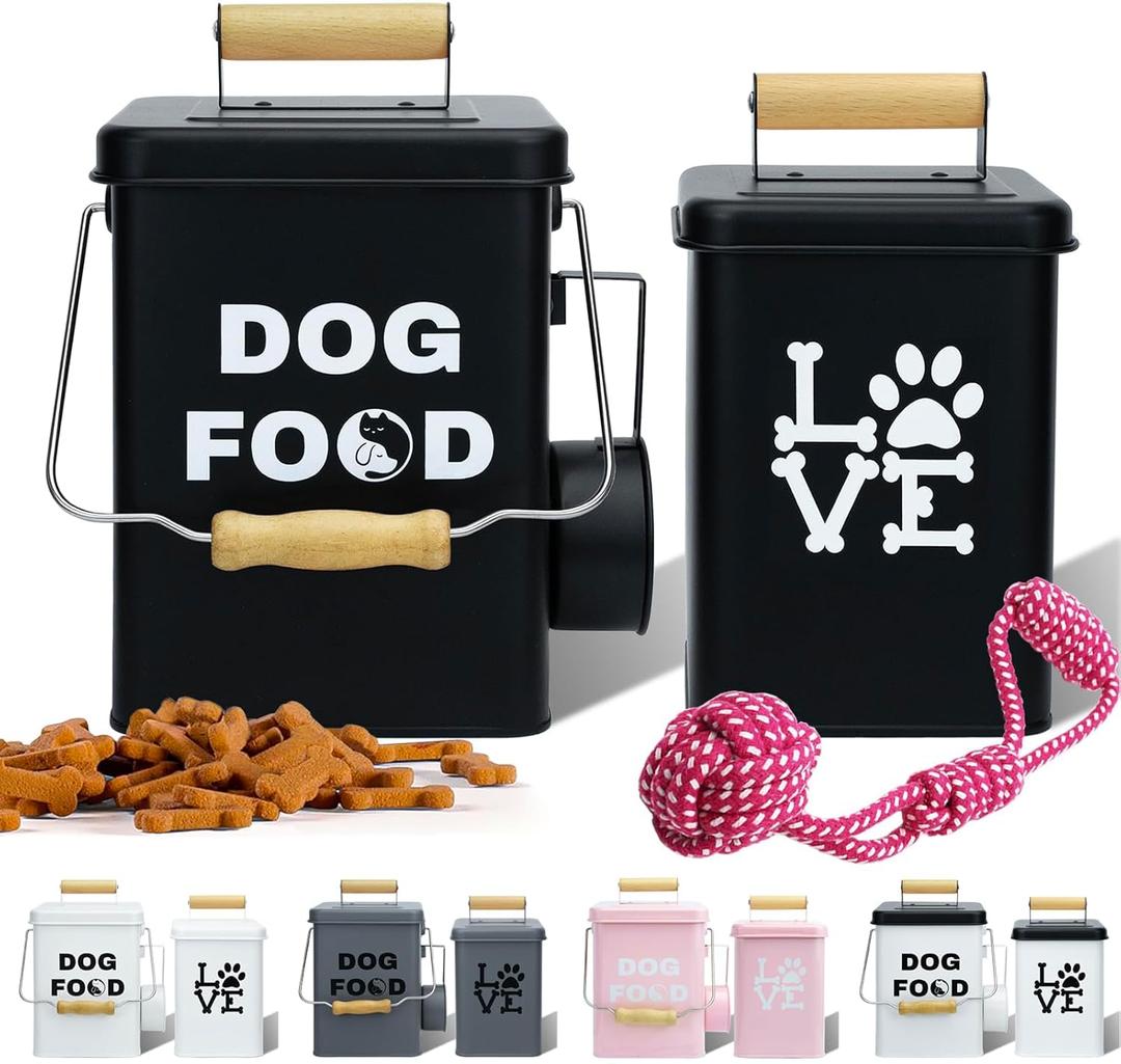Dog Food Container Airtight Set 4-6 lb(25 Cup) Capacity with Scoop and Toy - Farmhouse Dog Food Storage for Kitchen Counter, Black Storage Bin for Pet Food with Handle, Great Gift for Pet Owner