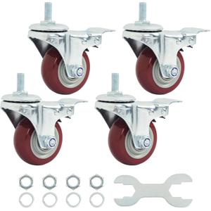 Finnhomy Swivel Caster Wheels 3 Inch Threaded Stem Casters Set of 4 Heavy Duty 1/2"-13 x 1 with Brake Polyurethane Industrial Locking Castors Wheels for Cart/Furniture 2200 Lbs Smooth Casters, Red