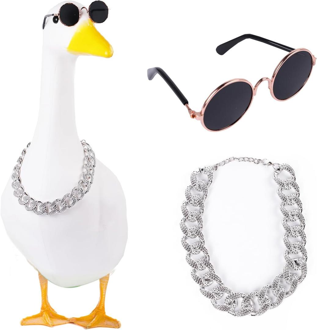 Cool Goose Costume Goose Sunglasses Gold Chain Collar Costume Funny Goose Decor Accessories for Lawn Outdoor Garden Yard Patio Statue (Sparkle Silver)