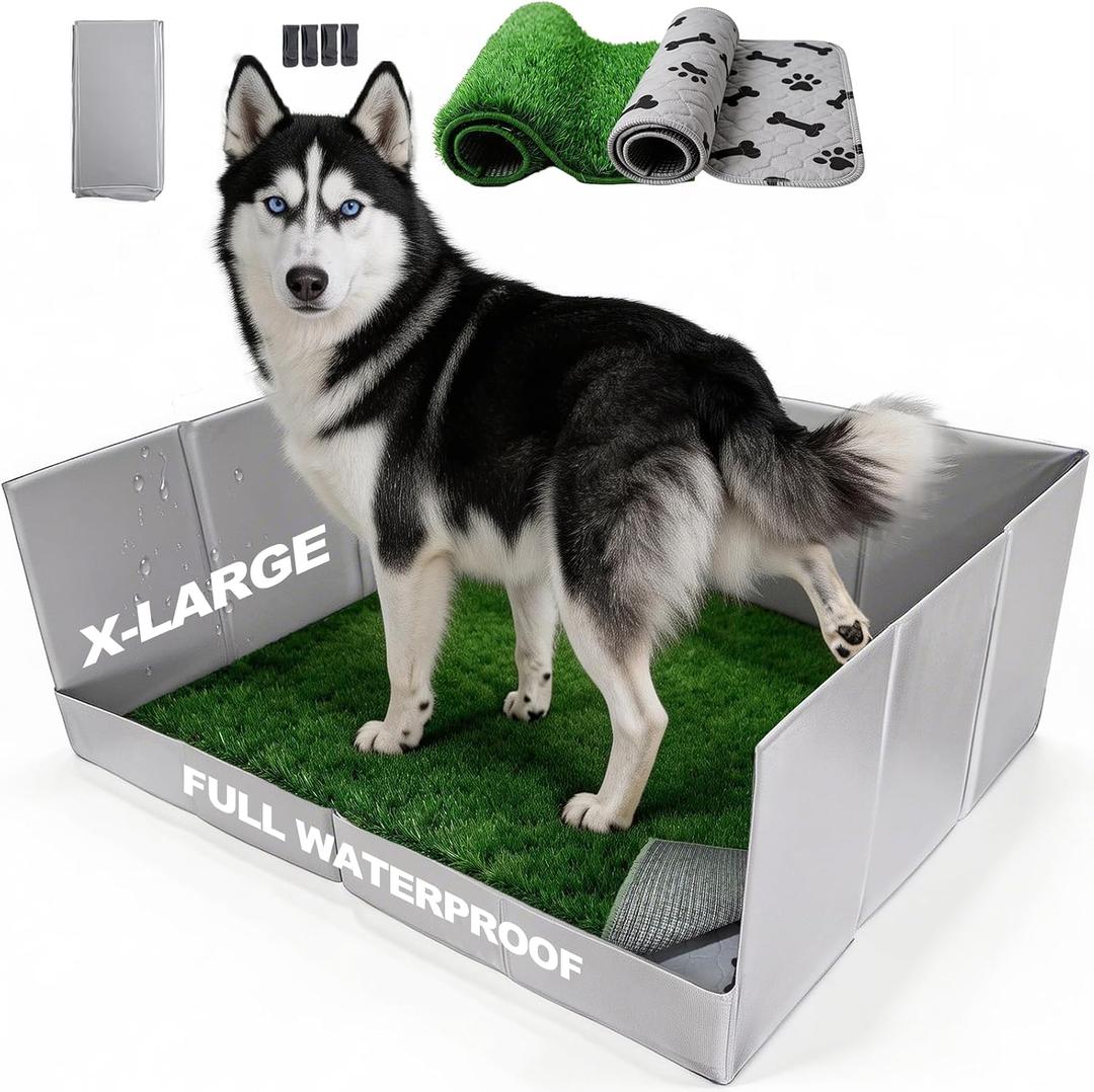 HQ4US 4LEGS Dog Litter Box High Walls Foldable with Grass Pad & Washable Pee Pad, Odor Free Artificial Grass for Dogs Potty Pad Holder Tray, Seamless, No Assembly, Waterproof, Easy Clean for Travel, X-Large for Dog＜ 38" Length