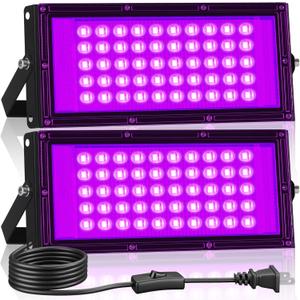 2 Pack 50W LED Black Light, Blacklight Flood Light for Glow Party IP66 Waterproof, Outdoor Black Lights with Switch&Plug for Halloween, Glow in The Dark, Neon Party, Fluorescent Poster, Birthday