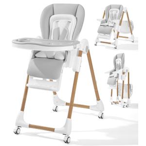 Mallify Foldable High Chairs for Babies and Toddlers, 3-in-1 Convertible Baby High Chair with Removable Soft Cushion and Tray, Adjustable Height & Recline, Lockable Wheels, Ligh Gray