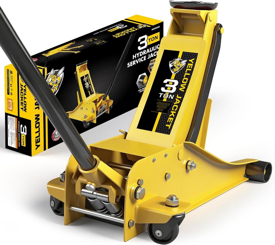 YELLOW JACKET 3 Ton Hydraulic Floor Jack Dual Pump for Quickly Car Lift, Low Profile Service Jack, 6600 lb Capacity