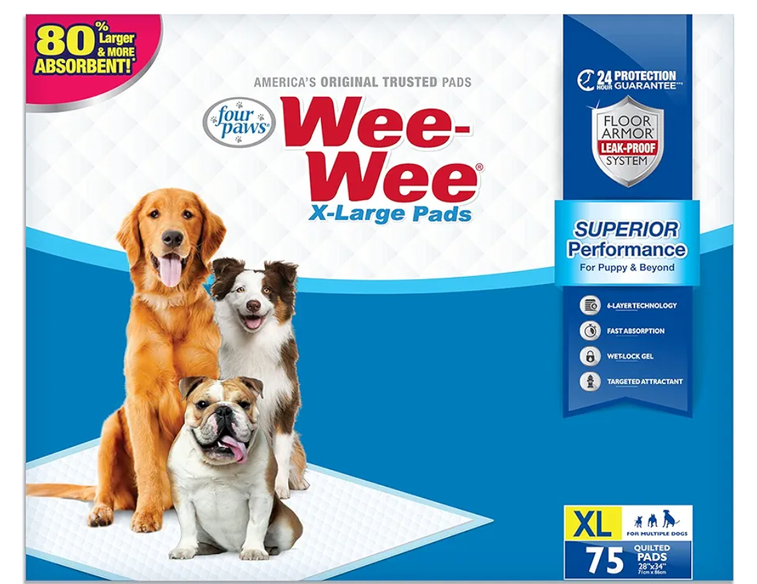 Four Paws Wee-Wee Superior Performance XL Pee Pads for Extra Large Dogs, Leak-Proof Floor Protection Dog & Puppy Quilted Potty Training Pads, Unscented, 28" x 34" (75 Count)