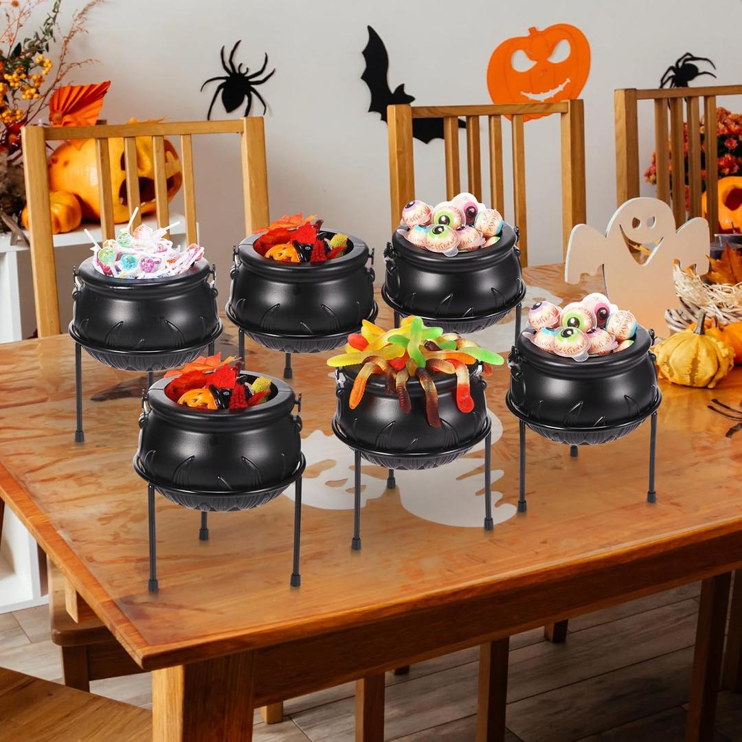 Jenaai 6 Pcs Halloween Witch Cauldron Candy Serving Bowl Set Plastic Black Witch Cauldron on Stand Candy Holder for Home Indoor Outdoor Kitchen Halloween Party Decorations