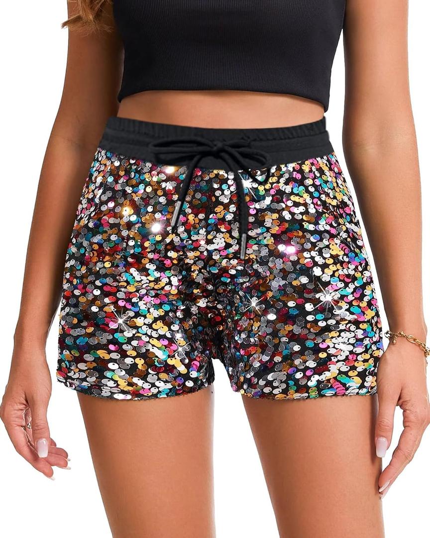 Womens Sequins Shorts A Line High Waist Elastic Sparkly Night-Out Shorts Clubwear Party Short (Black, XS)