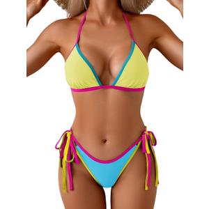 Eomenie Sexy Bikini Sets for Women Halter Triangle Top Two Piece Swimsuit Tie Side Bathing Suit Color Block Swimwear (Yellow, L)