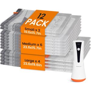 Vacuum Seal Bags for Clothing Travel with Rechargeable Cordless Pump, 12 Pack Compression Space Saver Bags for Packing, Luggage and Seasonal Storage