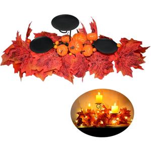 Fall Candle Holder Fall Table Centerpiece with Lights Thanksgiving Table Decor with Pumpkins Berries Maple Leaves Autumn Harvest Decoration with 3 Candle Holders for Dining Table Fireplace Home Decor