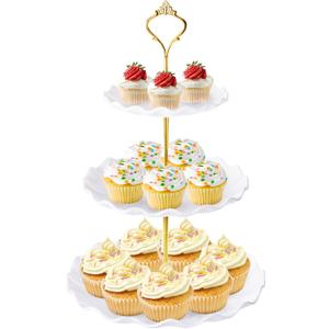Hoedia 3 Tier Cupcake Stand Tower, Plastic White Cup Cake Holder for Dessert stands, Tiered Serving Tray for Tea Party, Birthday Party, Wedding Decor and Baby Shower(Round Wave)