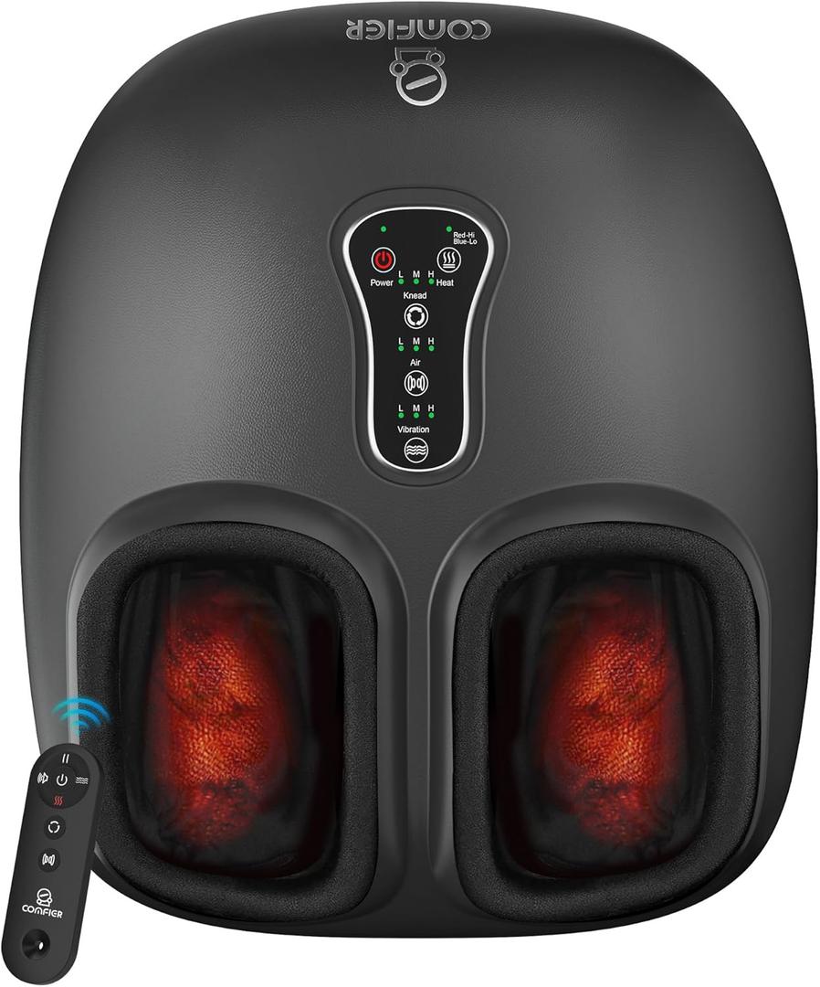 COMFIER Shiatsu Foot Massager with Heat, Kneading Rolling, Vibration, Compression, Remote Control, Foot Massage for Neuropathy, Plantar Fasciitis, Size 13 (Matte Black)