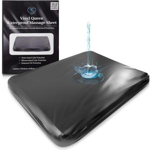 Black Vinyl Queen Waterproof Fitted Massage Bed Sheet with Side Pocket | Mattress Protector, Bed Cover for Nuru Massage - Oil, Water-Based, Silicone Safe | 60'' x 80'' + 14'' Deep Pocket