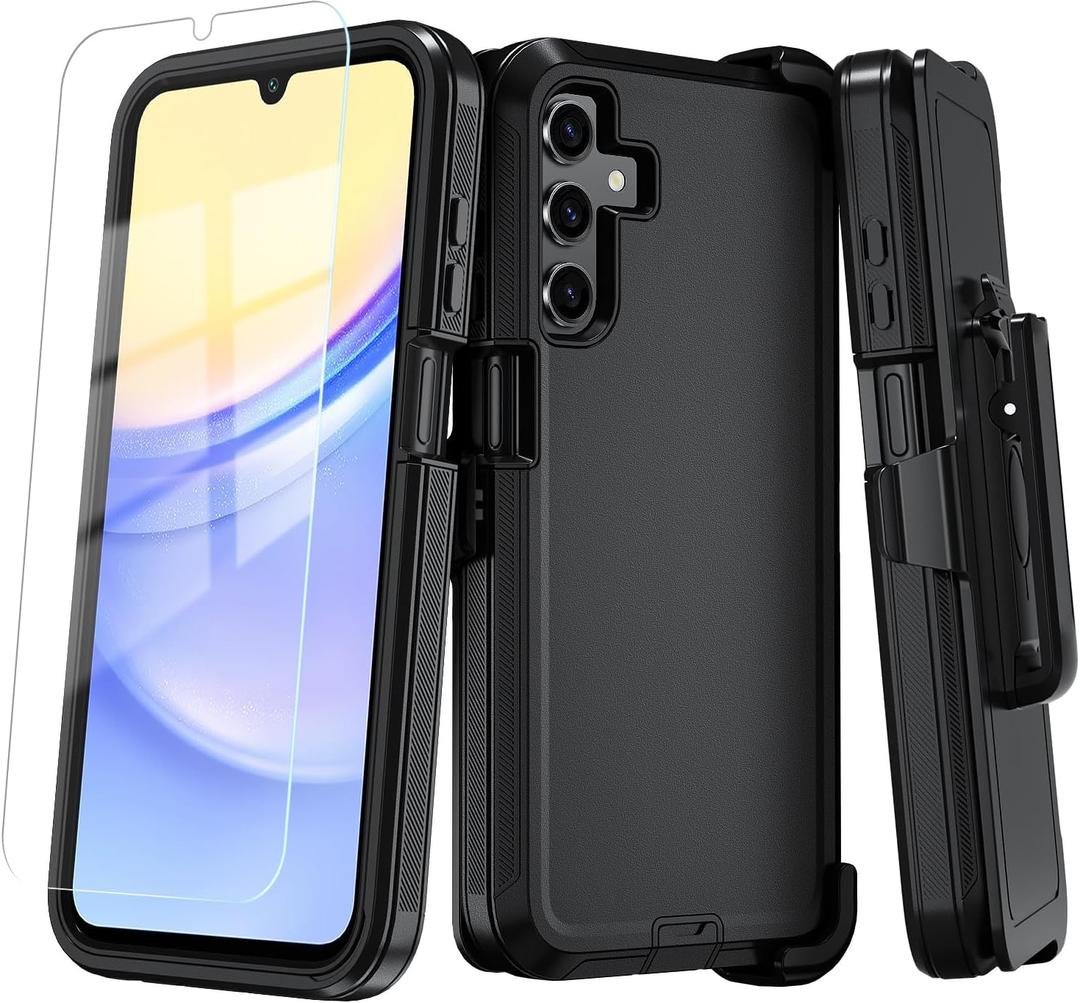 Qinmay Phone Case for Samsung Galaxy A15 5G Case with HD Screen Protector, Heavy Duty Shockproof & Dropproof 3-Layer Cover Phone Case for Galaxy A15,BeltClip_Black