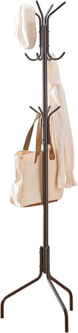 Coat Rack Freestanding,hat and coat rack stand for entryway,Living Room,Bedroom,Metal coat tree with12 Hooks and 3 Legs (Brown)