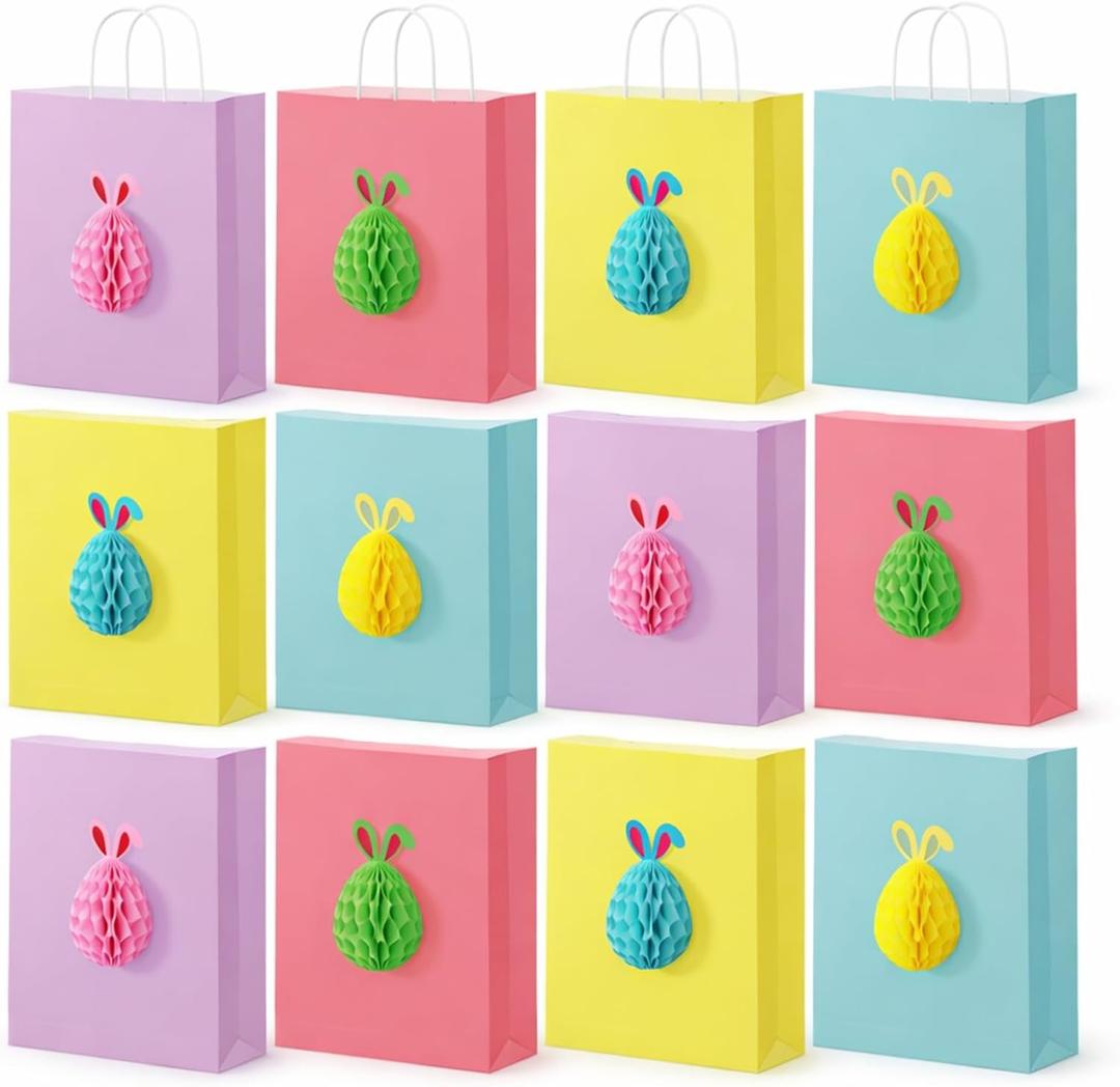 Eaasty 12pcs Easter Paper Egg Colorful Bag with 3D Honeycomb Pattern and Handles Easter Egg Paper Bags Candy Bags for Party Hunt Supplies
