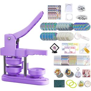 Freeingbag 58mm (2.25 in) Installation-Free DIY Button Maker Machine, Button Badge Press with 100pcs Supplies + Circle Cutter + Protection Set & Button Maker Color Film (Purple, 2.25 inch / 58mm)