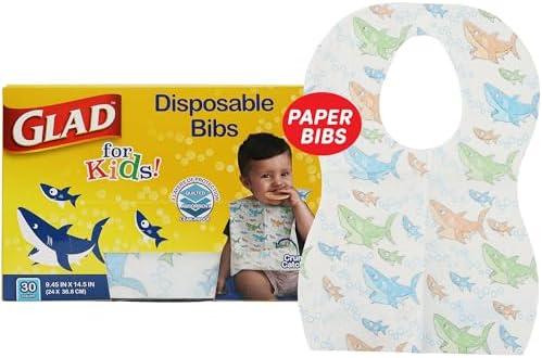 Glad for Kids Shark Paper Disposable Bibs with Crumb Catcher for Feeding - Absorbent and Leakproof Eating and Travel Must Haves for Mess-Free Meals, 26 Count