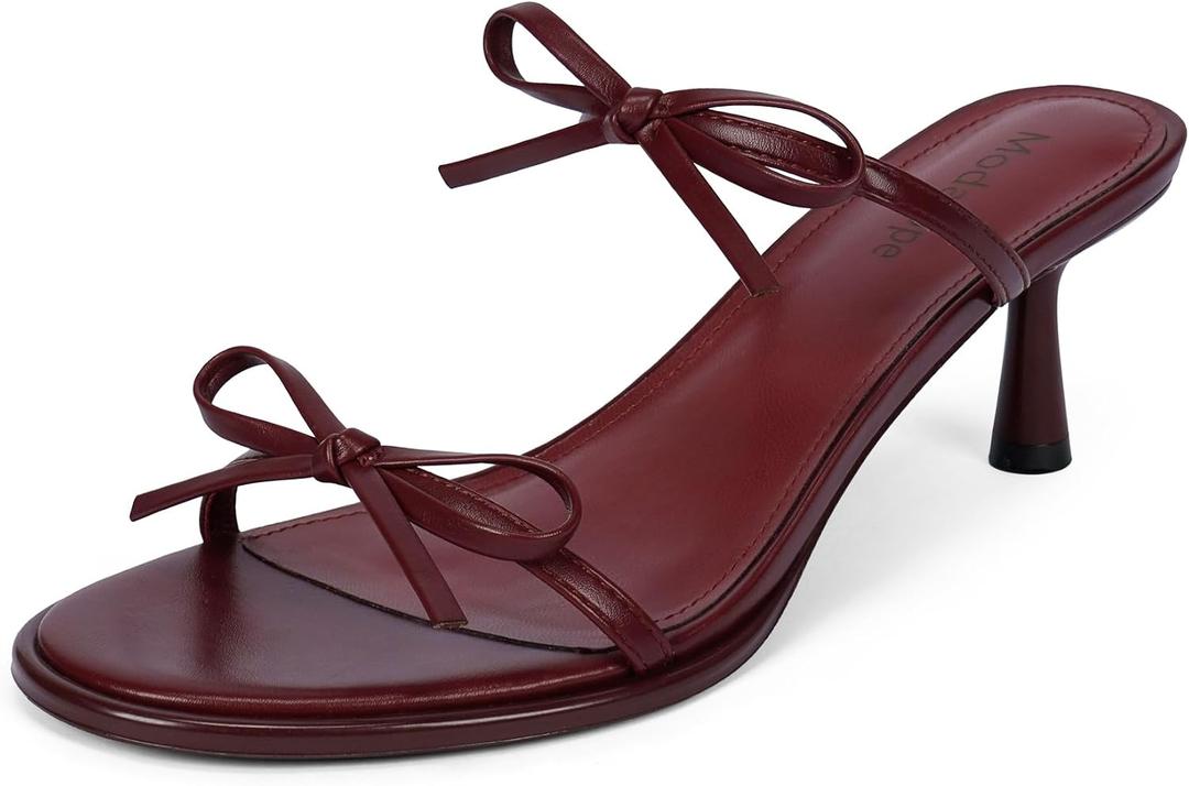 Modatope Two Strap Heeled Sandals for Women Kitten Heel Rounded Toe Heels Women Slip on Open Toe Sandals (Red, M)