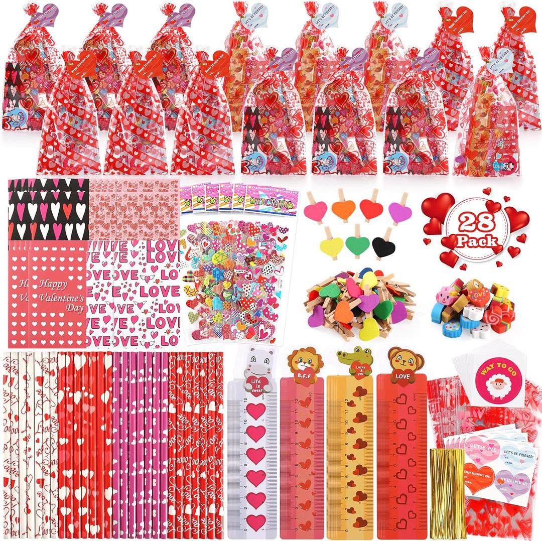 Valentines Gifts for Kids - 28 Pack Assorted Valentines Stationery set Valentines Cards Valentines Pencils Erasers Notepads, Valentine Treat Bags Goodie Bags Fillers Valentine's Favors for Kids