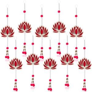 Highergo 10 Pcs Lotus Hanging Decorations Wooden Lotus Garland Ornaments for Diwali Home Indian Floral Wall Hanging for Pooja Temple Room Backdrop, 17.7 Inch