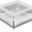TeamFar Square Cake Pan with Lid (1 Pan & 1 Lid), 8 Inch Square Stainless Steel Baking Tray Cake Brownie Tin For Meal Prep Storage Transporting Food, Healthy & Sturdy, Dishwasher Safe (Silver)