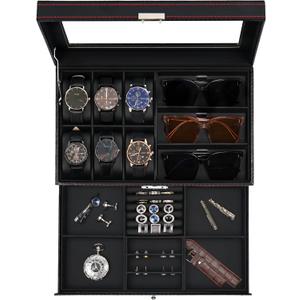 Jenseits Watch Box for Mens Jewelry Box, 6 Slot Watch Case & 3 Slot Sunglasses Organizer, Lockable PU Leather Jewelry Organizer Watch Display Storage W/Drawer For Rings Bracelets, Gift for Men Women (Black+Black)