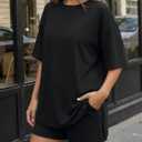 Trendy Queen 2 Piece Summer Set Oversized Top & Loose Fit Shorts with Pockets (Black, S)