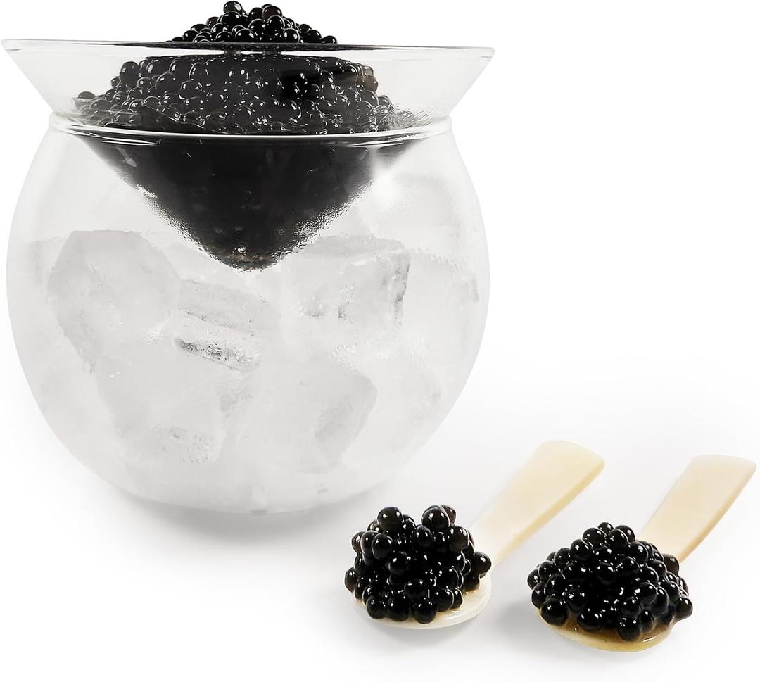 Caviar Server Set Glass Caviar Dish with 2 Pcs Shell Caviar Spoons Chiller Server with Ice Holder for Shrimp Ice Cream Martinis and Cocktails Dishwasher Safe Caviar Serving Dish