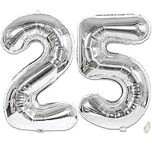 Giant Silver Balloon Number 25,40 Inch Silver 25th Mylar Foil Helium Birthday Decoration Balloons, Silver 25 Balloons For Wedding Anniversary Birthday Party Decors, 25Year Old Men Women Birthday Balloon, 2Pcs
