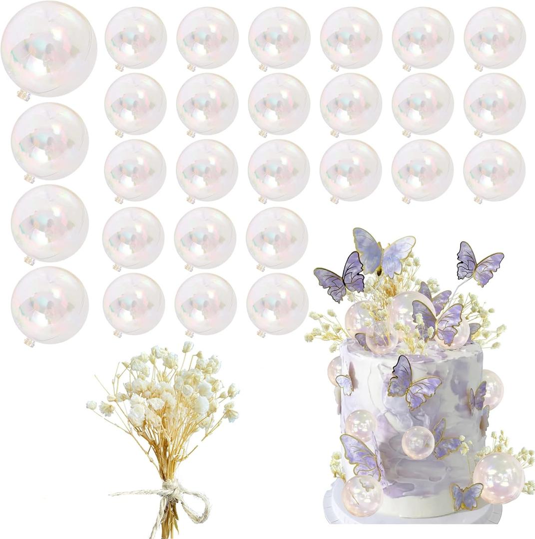 30 PCS Mini Balls Cake Topper DIY Cake Insert Topper Acrylic Cake Topper Foam Cake Balls Artificial Dried Flowers for Wedding Anniversary Baby Shower Birthday Party (Clear)