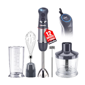 Mueller Multistick 5-in-1 Immersion Blender Handheld,12 Speed Hand Mixer-Turbo Boost,Heaviest Duty Copper Motor,Titanium reinforced Blades Hand Blender,Milk Frother Wand,Whisk,Beaker,Chopper,Grey (Gray)