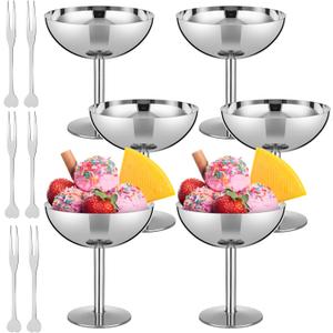 Reallnaive 6 Sets Stainless Steel Ice Cream Cups Bulk Silver Dessert Bowls with Forks 6.7 oz Small Metal Footed Cup for Serving Pudding Salad Fruit Sundae Summer Birthday Party Supply