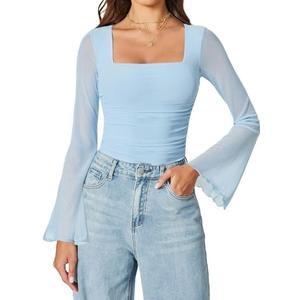 Avidlove Bodysuits for Women Long Bell Sleeve Mesh Square Neck Body Suits Going Out Ruched Bodysuit Tops Concert Outfits, Size XXL