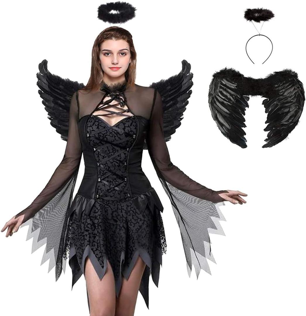 SOMOYA Halloween Fallen Angel Dress Costume Black Fallen Dress Costumes Wings Cosplay for Women (Black, XL)