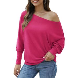 Aifer Women's Off The Shoulder Tops Sexy Long Sleeve Shirts Oversized Fashion Casual Batwing Sweaters Pullover Tunic Tops (Medium, Hot Pink)