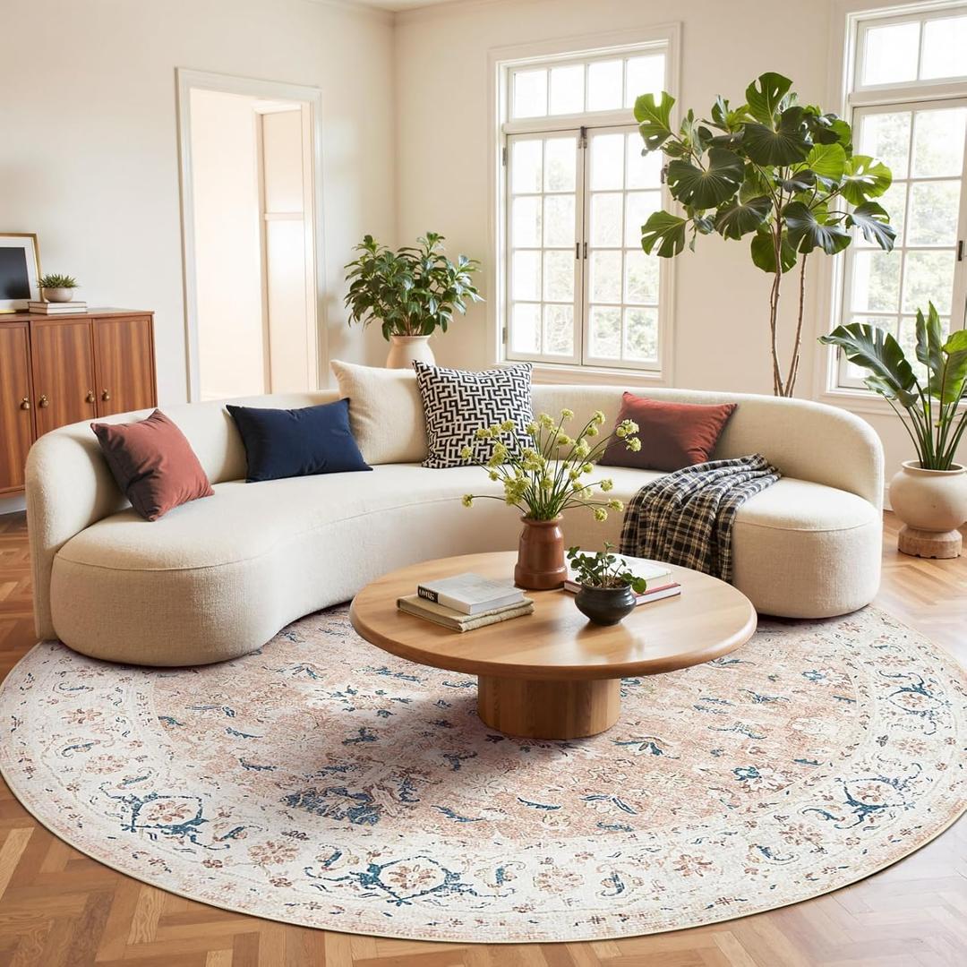 jinchan Round Rug 8ft Area Rug - Washable Boho Vintage Floral Circle 8' Round Floor Cover Lightweight Low Pile Thin Throw Non-Slip Carpet for Kitchen Living Room Bedroom Dining Room Office Pink Blush