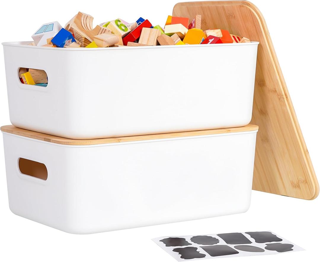 Citylife Storage Bins with Bamboo Lids 16QT Plastic Storage Containers Stackable Organizer Boxes with Handle for Desk Snacks, Toys, 2 PCS, 15" L x 10.6" W x5.8 H, Cream White