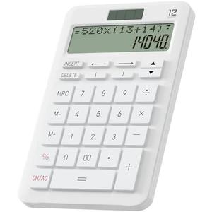 Calculators Desktop with Memory and Trace Function, ROATEE 2 Lines LCD Display Kawaii Basic Calculator for Student, Large Sensitive Buttons Solar and Battery Power, for Home, Office, Store, White